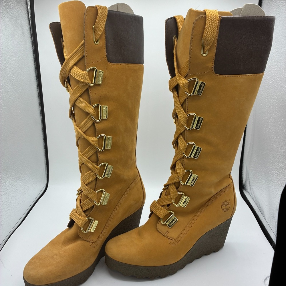 Timberland Women's Tan/Brown Knee High Lace-Up Wedge Boots Round Toe 7.5M